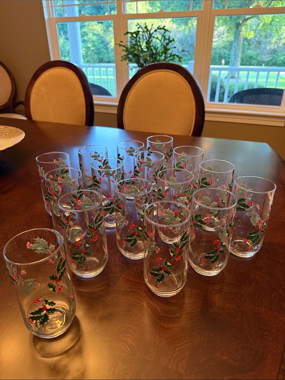Source Unknown Clear Glass Tumblers with Painted Green Holly and Red Berries